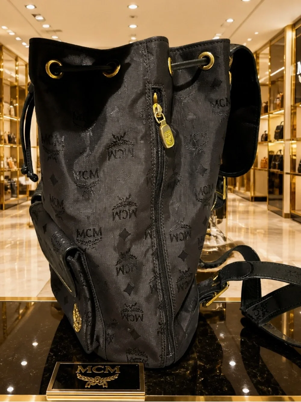 MCM Black Monogram Backpack with Gold-Plated Detail
